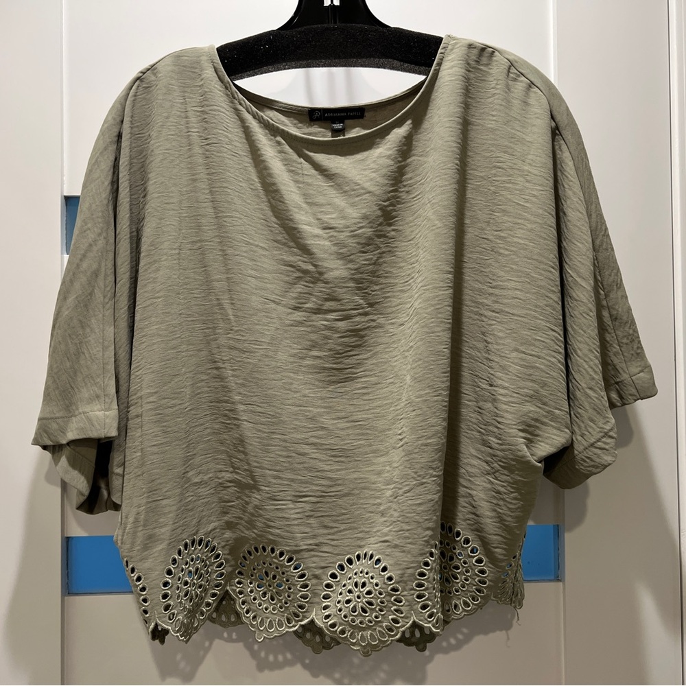 Adrianna Papell Silky Blouse with Eyelet Detail Sage Green Medium
